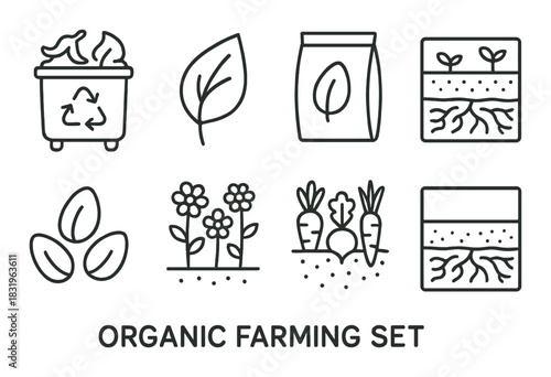 Organic farming set: compost, leaf, seeds, flowers, carrots, soil layers