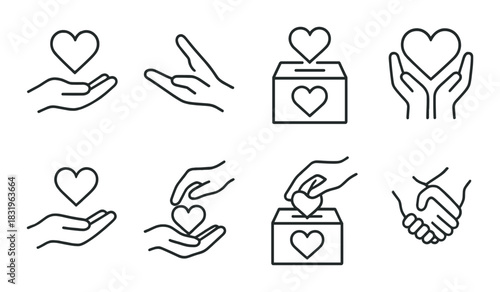 Heart and hands icons: donation and charity symbols on black background