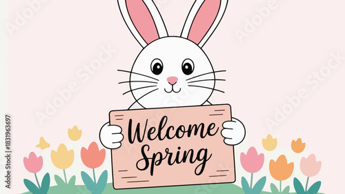 Cute white bunny holding a welcome spring sign surrounded by colorful tulips and green grass