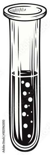 Science laboratory test tube with bubbling chemical solution black and white vector icon