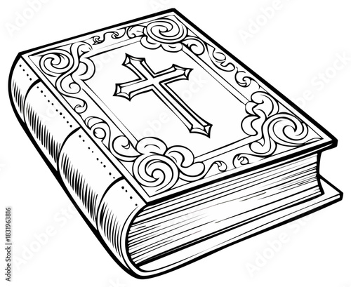 Religious Book with Cross Emblem and Decorative Border Line Art