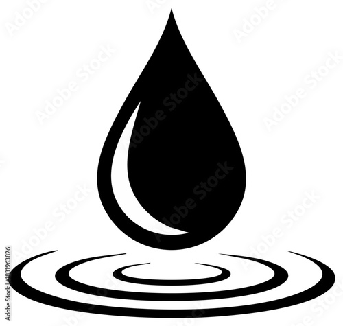 Black water drop creating ripples in liquid surface stylized illustration