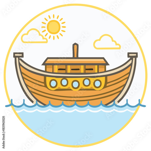 Cartoon Viking ship on ocean, sun and clouds vector illustration icon