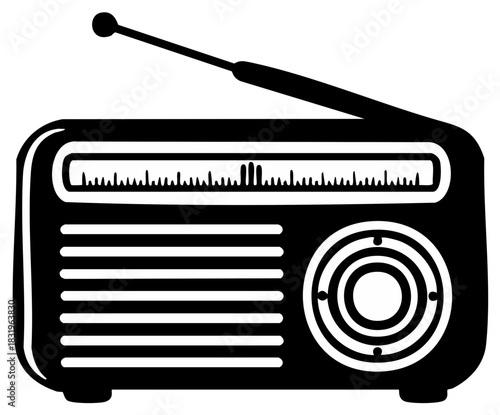 Classic portable radio receiver with antenna black and white vector illustration