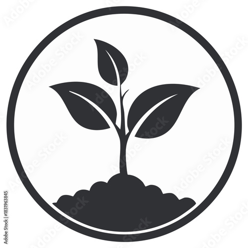 Black and white icon of a young plant growing from soil inside a circle