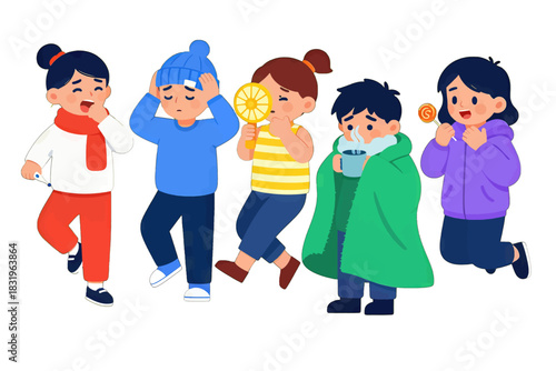 Cute cartoon kids in colorful winter outfits holding lollipops