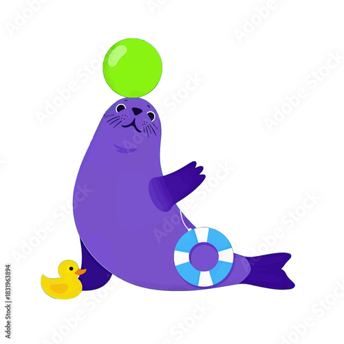 Cute purple seal balancing a green ball and holding a life buoy