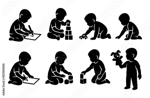Silhouette illustrations of children engaged in various play activities