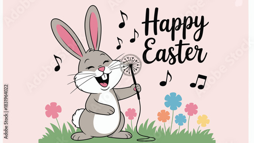 Cute cartoon bunny singing into a dandelion with musical notes and happy easter text