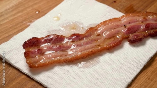 Crispy, savory bacon strip resting on a white napkin, glistening with rendered fat.