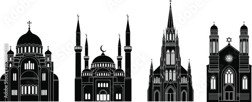 Religious architecture silhouette, mosque, church, cathedral, synagogue, spiritual buildings, cultural heritage, faith symbols, sacred landmarks, black icon illustration, diversity