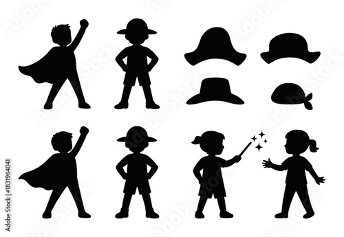 Silhouetted children in playful costumes with hats and capes