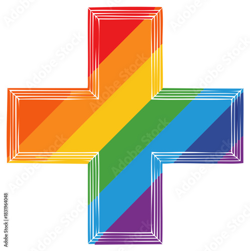 Rainbow colored plus sign with hand-drawn style