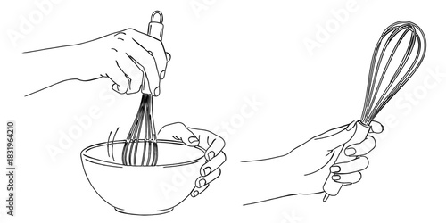 泡立て器で材料を混ぜる手（ボウル・ホイッパー）,お菓子作り,料理,調理器具,かき混ぜる,シンプル,ベクター,線画