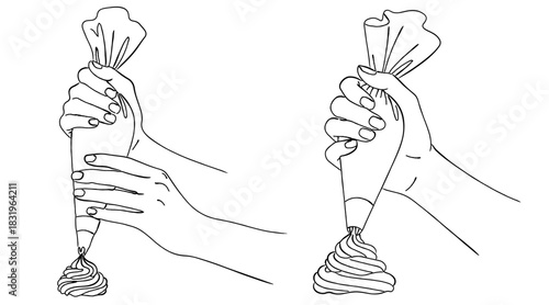 絞り袋でクリームを絞る手（デコレーション）,お菓子作り,パティシエ,ホイップクリーム,ケーキ,シンプル,ベクター,線画