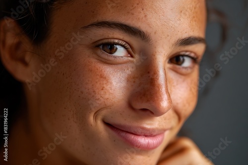 Extreme close-up portrait showing natural freckles across a person's face