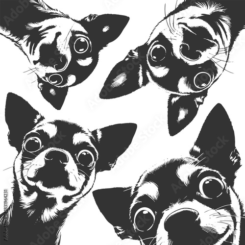 chihuahuas dogs peering downward with wide eyes, perfect for pet, humor, or design themes sketch engraving generative ai vector illustration. Scratch board imitation. Black and white image.