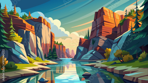 Picturesque Palisades State Park with dramatic quartzite cliffs rising above Split Rock Creek, showcasing serene water reflections, rugged formations, and peaceful Midwestern nature in a clean, stock-