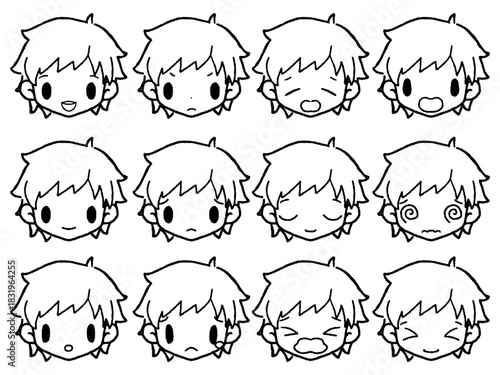 手描きの男の子表情セット２白黒