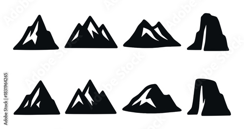 Silhouette set of mountain and cliff icons on dark background