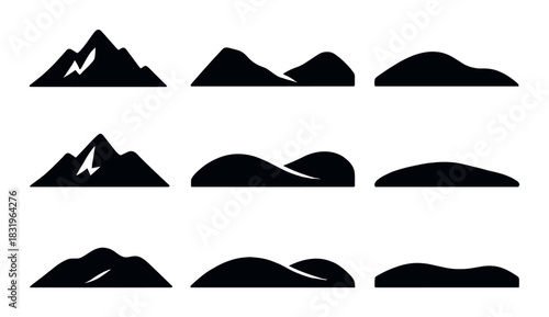Set of nine silhouette mountain icons on grayscale background