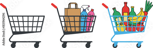 Cartoon Shopping Cart Progression with Empty Basket and Full Groceries Supermarket Concept Colorful Flat Vector Illustration Set