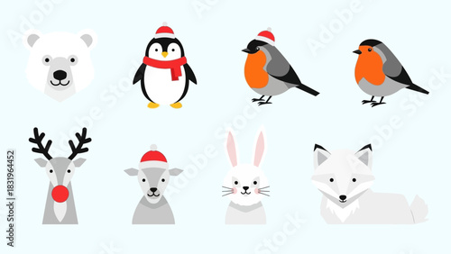 Christmas Winter Vector Set of Cute Animals Icons for Holiday Design
