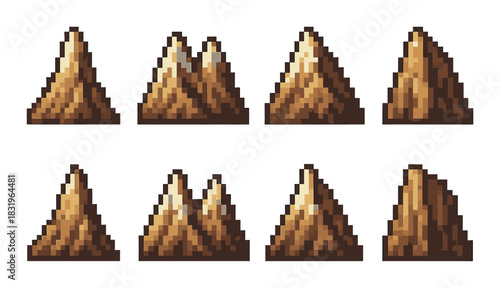 Pixel art mountain icons with snowy peaks in various styles and shapes