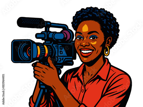 woman filming with a professional video camera, ideal for media and production themes. vector colorful pop art illustration.