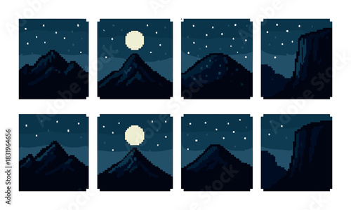 Pixel art landscape: moonlit mountain scenes with starry night sky