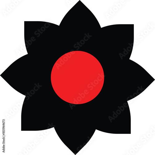 Minimalist black flower with red center graphic design concept
