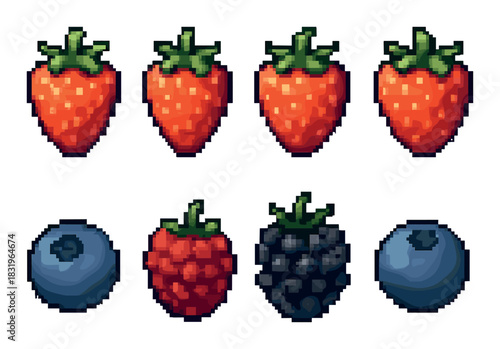 Pixel art berries: strawberries, blueberries, blackberries, raspberries
