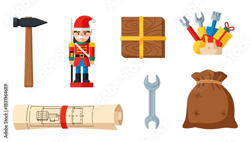 Christmas winter vector set of icons including a nutcracker, hammer, blueprint, wrench, wooden box, and gift bag