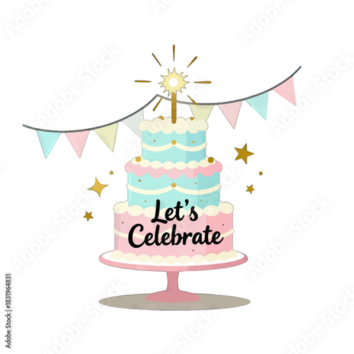 Festive celebration cake with sparkler and decorative bunting