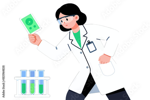 Female scientist in lab coat holding petri dish near test tubes