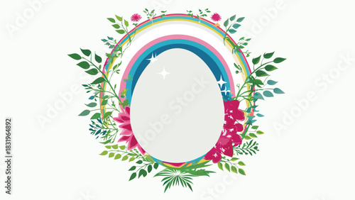 Oval frame decorated with a floral rainbow and sparkling stars perfect for invitations cards or graphic design projects with a whimsical theme