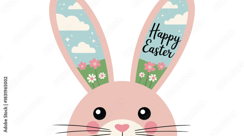 Fototapeta premium Cute pink bunny with long ears filled with a spring landscape and happy easter text