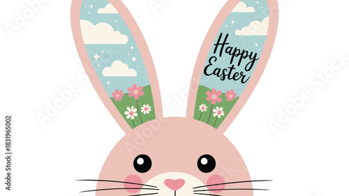 Cute pink bunny with long ears filled with a spring landscape and happy easter text