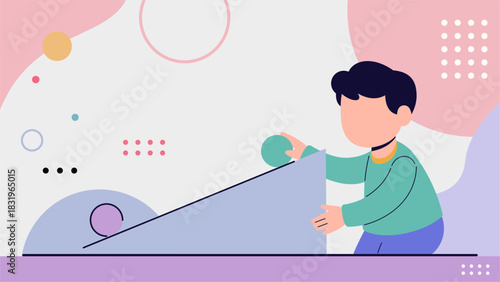 Child Learning Gravity with Inclined Plane – Modern Pastel Flat Illustration