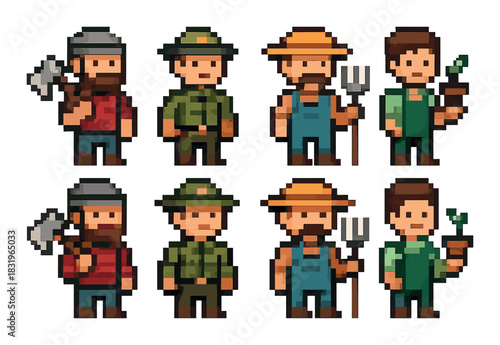 Pixel art characters: farmers and rangers in various outfits and tools