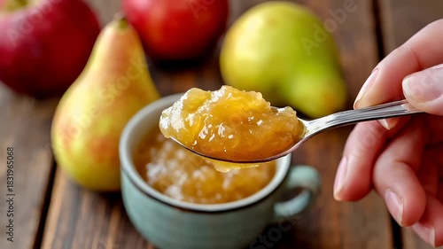 A closeup of a hand holding a spoon with a goldenbrown jam on it. The jam has a glossy texture and is spread evenly across the spoon. The background is blurred.
