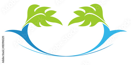 logo featuring green leaves and blue water waves, creating a minimalist, eco-friendly design. The background is white. This concept represents nature, gardening, hydroponics, and sustainability