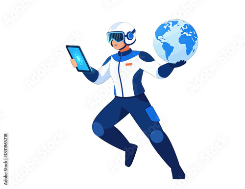 Futuristic astronaut holding a tablet and Earth globe