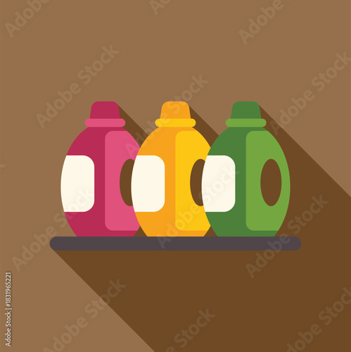 Three colorful household detergent bottles standing on a shelf with long shadow