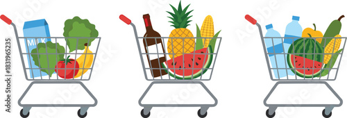 Cartoon Shopping Carts with Groceries Fruits Vegetables and Drinks Supermarket Concept Colorful Flat Vector Illustration Set