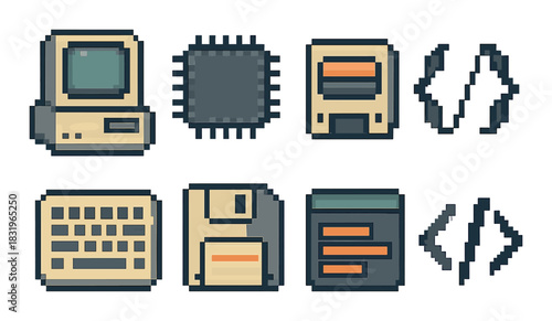 Retro pixel art: vintage computer icons featuring classic technology