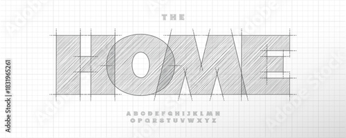 Technical Draw Font Logo Alphabet Vector Sketch Bold Heavy Letters Set Modern Architect Typography, Creative Typographic Design for Architectural Title Text, Typo Poster Headline. Vector Typeface