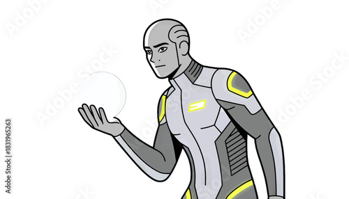 Futuristic cyborg holding a glowing orb in hand