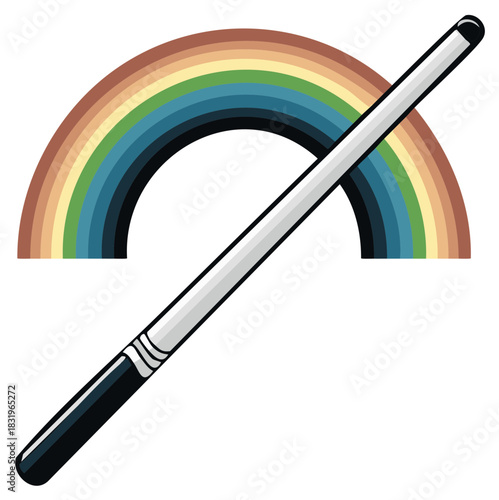 Enchanting magic wand crossing a colorful arching rainbow illustration vector graphic