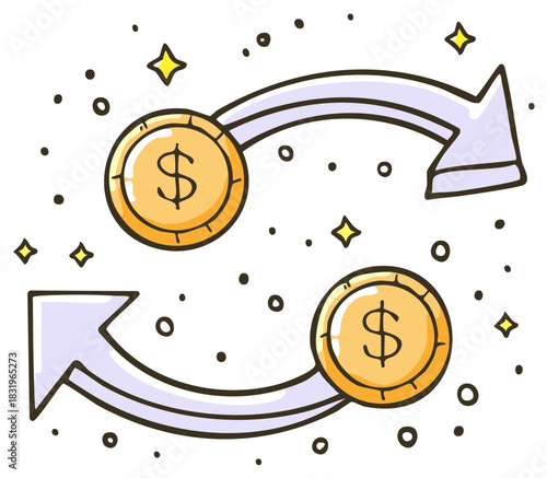 Circular Arrows Symbolize Money Exchange and Financial Transactions with Glittering Stars